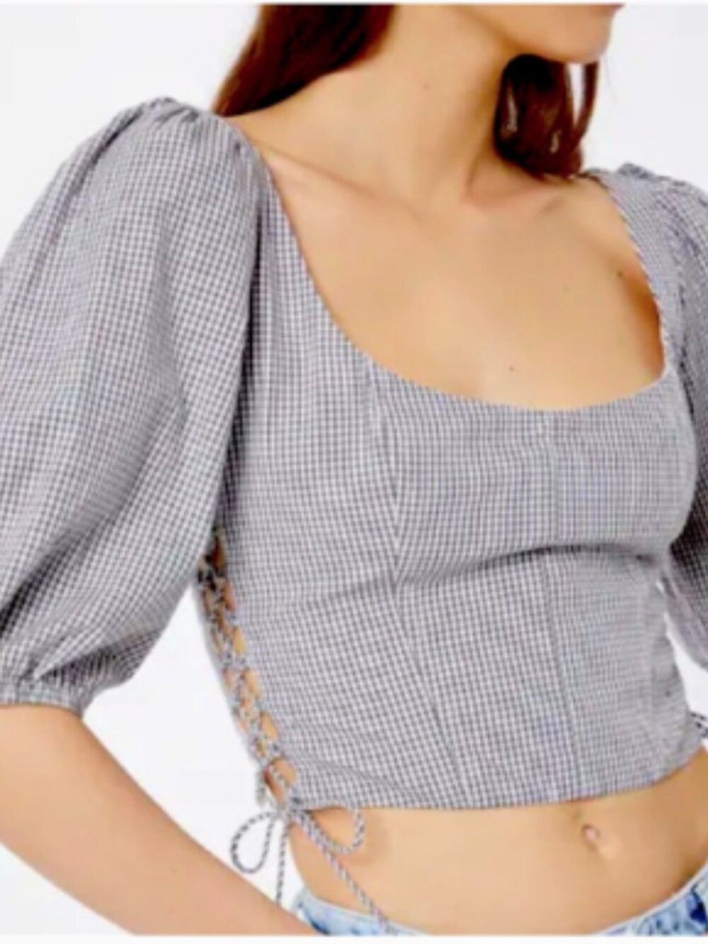 NWT Abercrombie & Fitch Gray White Gingham Puff Sleeve Lace Up Corset Crop Top M - Picture 1 of 8